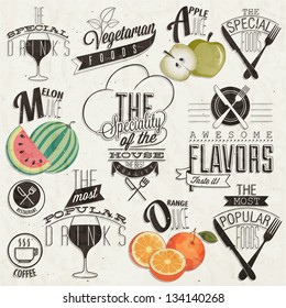 Retro vintage style restaurant menu designs. Set of Calligraphic titles and symbols for restaurant. Hand lettering restaurant menu design. Orange, melon and apple illustrations.  Fast Food. Vector 