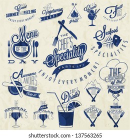 Retro vintage style restaurant menu designs. Set of Calligraphic titles and symbols for restaurant design. Hand lettering style calligraphy design. Ice Cream. Typographic. Fast Food. Vector