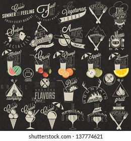 Retro vintage style restaurant menu designs. Set of Calligraphic titles and symbols. Hand lettering style. Orange, Melon, Apple and Cherry illustrations. Ice Cream. Typographic. Fast food. Vector. 