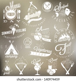 Retro vintage style restaurant menu designs. Set of Calligraphic titles and symbols for restaurant design. Hand lettering style.  Ice Cream. Soft drinks. Mountain Symbols.  Vector. Fast food design.