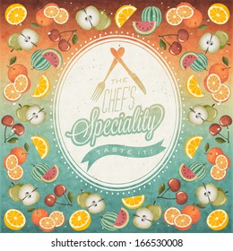 Retro vintage style restaurant menu background designs.  Orange, Melon, Apple, Cherry and Lemon illustrations. Ice Cream. Typographic. Fast food. Vector. Menu pattern with Fruits. Collection 