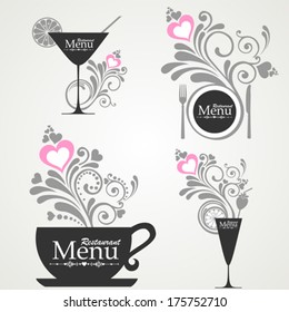 Retro vintage style restaurant menu designs. Sets of label design. Menu for restaurant, cafe, bar, coffeehouse.  Design elements isolated on White background. Vector illustration 