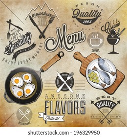 Retro vintage style restaurant menu designs. Set of Calligraphic titles and symbols for restaurant. Hand lettering restaurant menu design. Orange, melon and apple illustrations. Fast Food. Vector