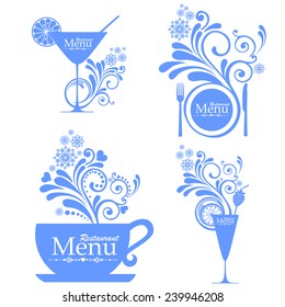 Retro vintage style restaurant menu designs. Sets of label design. Menu for restaurant, cafe, bar, coffeehouse. Design elements isolated on White background. Vector illustration 
