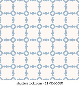 Retro vintage style seamless pattern. Vector geometric background with circles, dots, carved lattice, cross lines, square grid, repeat tiles. Simple abstract texture in soft blue and white beige tones