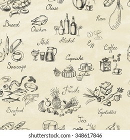 Retro vintage style.  Set of hand drawn elements  food. Seamless background. Vector illustration.