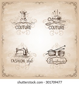 Retro vintage style. Set of tailor labels, emblems and design elements.  Vector illustration. Logo.