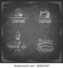 Retro vintage style. Set of tailor labels, emblems and design elements on the blackboard . Vector illustration. Logo.