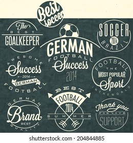 Retro vintage style soccer emblem collection. Set of Calligraphic titles and symbols for football.  Hand lettering soccer slogans. One realistic vector illustrated Soccer Ball.