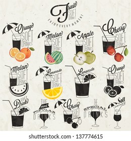 Retro vintage style Soft Drinks design. Set of Calligraphic titles and symbols for Fruit Drinks type. Hand lettering style. Orange, Melon, Apple and Cherry illustrations. Typographic. Vector