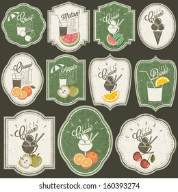 Retro vintage style Soft Drinks and Ice Creams design. Set of Calligraphic titles and symbols for Fruit design. Hand-drawn style. Orange, Melon, Apple and Cherry illustrations. Fruit Vintage Labels