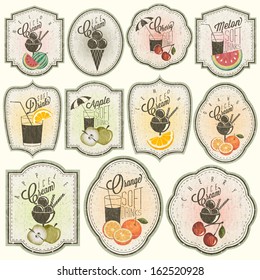 Retro vintage style Soft Drinks and Ice Creams design. Set of Calligraphic titles and symbols for Fruit design. Hand-drawn style. Orange, Melon, Apple and Cherry illustrations. Fruit Vintage Labels