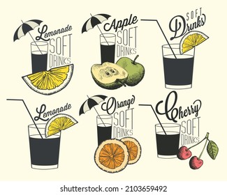 Retro vintage style Soft Drinks design. Set of Calligraphic titles and symbols for Fruit Drinks type. Hand lettering style. Orange, Apple and Cherry illustrations. Typographic. Vector