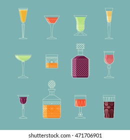 Retro vintage style soft drinks design. Collection of alcohol cocktails and other drinks. Flat style icon design. 