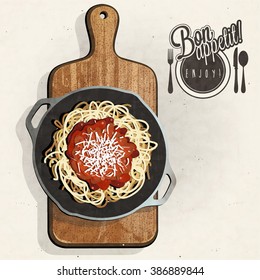 Retro vintage style spaghetti specialties with Cutting Board. Bon appetite.