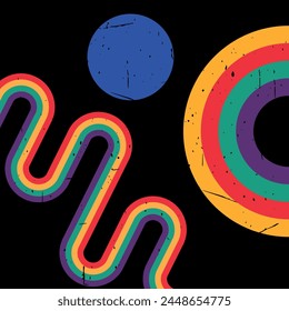 Retro vintage style stripes background. Rainbow on black background. Abstract lines and shapes. Vector illustration