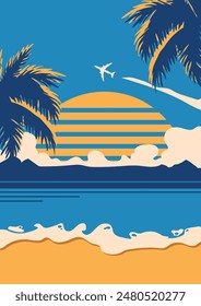 Póster de verano de estilo retro vintage con palmeras de mar en el sol poniente con un avión volador