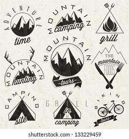 Retro vintage style symbols for Mountain Expedition: Adventure, Mountain Camping, Mountain Hunting, Mountain Tour, Mountain Foods, Camping site, Camping Grill, Biking Tours. Mountain feeling. Vector.