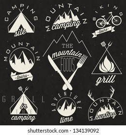 Retro vintage style symbols for Mountain Expedition: Adventure, Mountain Camping, Mountain Hunting, Mountain Tour, Mountain Foods, Camping site, Camping Grill, Biking Tours. Mountain feeling. Vector.