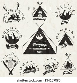 Retro vintage style symbols for Mountain Expedition: Adventure, Mountain Camping, Mountain Hunting, Mountain Tour, Mountain Foods, Camping site, Camping Grill, Biking Tours. Mountain feeling. Vector.