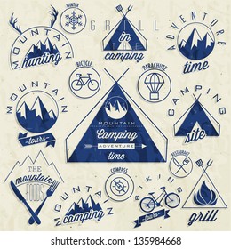 Retro vintage style symbols for Mountain Expedition: Adventure, Mountain Camping, Mountain Hunting, Mountain Tour, Mountain Foods, Camping site, Camping Grill, Biking Tours. Mountain feeling. Vector.