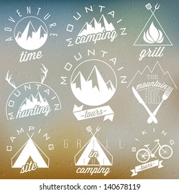 Retro vintage style symbols for Mountain Expedition: Adventure, Mountain Camping, Mountain Hunting, Mountain Tour, Mountain Foods, Camping site, Camping Grill, Biking Tours. Mountain feeling. Vector.