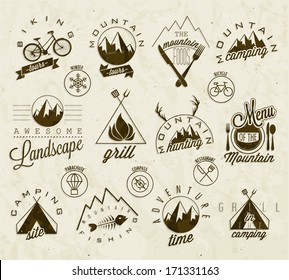 Retro vintage style symbols for Mountain Expedition: Adventure, Camping, Hunting, Tour, Foods, Camping site, Camping Grill, Biking Tours. Mountain feeling. Vector. Symbols for mountain background.