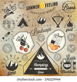 Retro vintage style symbols for Mountain Expedition. Adventure, Camping, Foods, Grill, Biking.  Mountain feeling.  Summer feeling. Vector. Symbols for mountain and summer background.