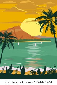 Retro Vintage style travel poster or sticker. Tropical island paradise sunset, ocean, beach and palm trees. Summer vacation holiday. Vector, isolated