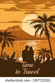 Retro Vintage style travel poster or sticker. Tropical island paradise couple of lovers sunset, ocean, beach and palm trees. Summer vacation holiday. Vector, isolated