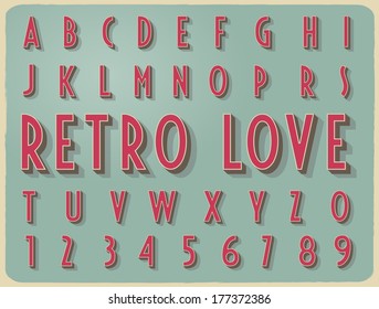 retro vintage style vector reliefed alphabet with shadow and stroke