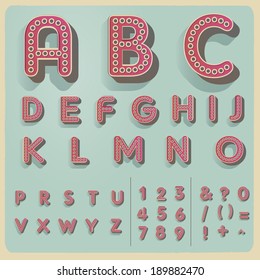 retro vintage style vector relieved alphabet with shadow and stroke