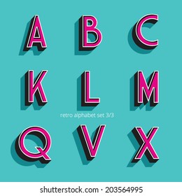 retro vintage style vector relieved alphabet with shadow and stroke