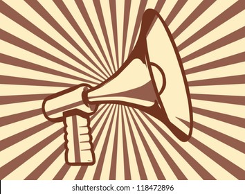 Retro vintage styled megaphone on brown grunge rayburst background