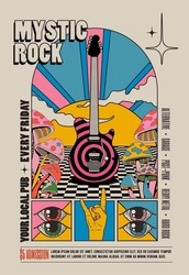 Retro Vintage Gestylte Psychedelische Rockmusik Konzert Oder Festival Oder Party Flyer Oder Poster Design-Vorlage Mit Elektrischer Gitarre, Umgeben Von Pilzen Mit Sonnenuntergang Auf Dem Hintergrund. Vektorgrafik