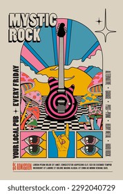 Retro vintage styled psychedelic rock music concert or festival or party flyer or poster design template with electric guitar surrounded by mushrooms with sunset on background. Vector illustration