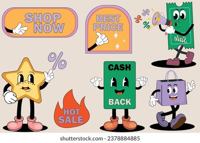 Retro vintage styled shopping stickers  for a store sale, black friday, online promotion or social media posts. Vector illustration