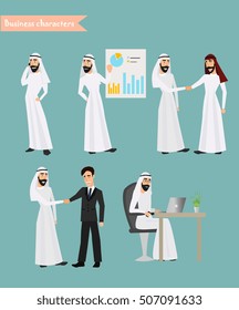 Retro Vintage Successful Arab Businessman Working Set Traditional National Muslim Clothes Cartoon Characters Icon Stylish Background Retro Cartoon Design Vector Illustration