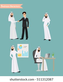 Retro Vintage Successful Arab Businessman Working Set Traditional National Muslim Clothes Cartoon Characters Icon Stylish Background Retro Cartoon Design Vector Illustration