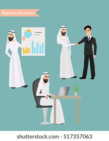 Retro Vintage Successful Arab Businessman Working Set Traditional National Muslim Clothes Cartoon Characters Icon Stylish Background Retro Cartoon Design Vector Illustration