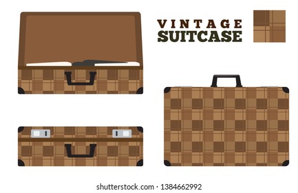Retro vintage suitcase with texture. Bag mockup with opened, closed, front and side view. Vector illustration.