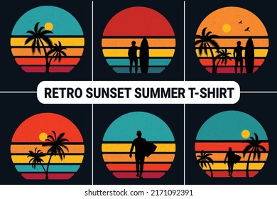 Retro Vintage Summer Background T-Shirt Design, Summer Vector Retro Vintage Sunset Bundle For T-Shirts and Merchandise