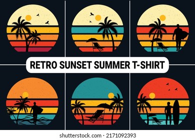 Retro Vintage Summer Background T-Shirt Design, Summer Vector Retro Vintage Sunset Bundle For T-Shirts and Merchandise