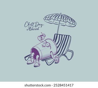 Diseño de Vector de dibujos animados retro vintage verano playa chill, dibujos animados de vidrio de bebida tumbado en el Arte vectorial de la silla de playa, obras de arte de vacaciones de verano para camiseta, póster, pegatina, impresión gráfica  