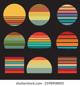 Retro vintage summer sunset set, Retro vintage circle sunset background sun vector set, 