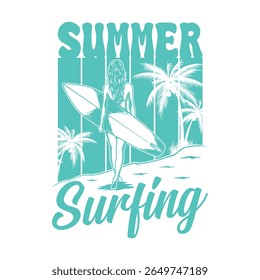 Retro Vintage Summer Surfing Vector t-shirt and poster with Female Surfer and Palm Trees
