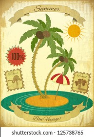 Retro Vintage Summer Travel Postcard - Sea, Palm trees and Sun on Vintage background. Vector Illustration.