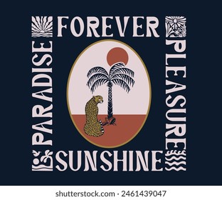 retro vintage summer tropical vector design, leopard and palm tree sunset vector art, beach vacation artwork for t shirt, poster, graphic print