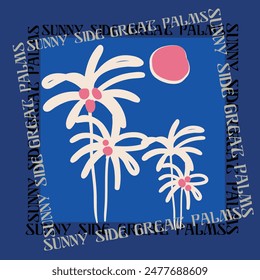 retro vintage summer tropical vector design, palm tree sunset vector art, beach vacation artwork for t shirt, poster, graphic print