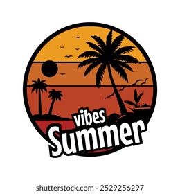 Retro Vintage Summer Vibes Badge Design. Summer Vibes Sunset T-Shirt Design.